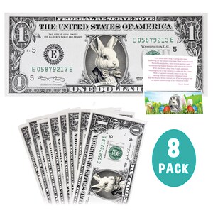 Der offizielle Osterhasen-Geldschein im 8er-Pack V2. Echte 1.0 USD Dollar. Jeder Geldschein kommt mit einer Osterkarte. Ostern Korb Stuffer/Füller