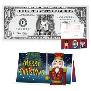 Nota de dólar de 1,0 USD do quebra-nozes. Perfect Stocking Stuffer Pacote completo de presente de Natal com cartão de felicitações de Natal.