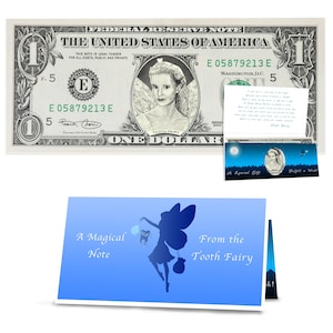 Oficjalny prezent w postaci banknotu dolarowego Tooth Fairy. Prawdziwe 1,0 USD. Bankowe i możliwe do wydania. Kompletny pakiet prezentów, w tym list Tooth Fairy