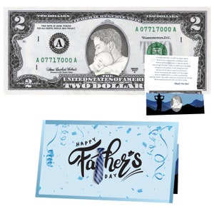Le billet d'un dollar officiel pour la fête des pères. Réal 2,0 USD. Chaque billet est livré avec une carte pour la fête des pères, un porte-monnaie et un poème de remerciement à papa