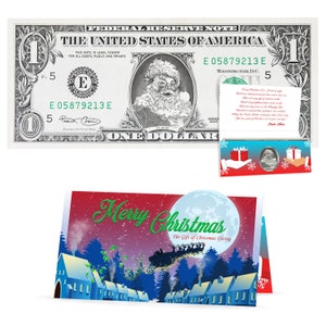 Papai Noel Dollar Bill Perfect Stocking Stuffer Presente completo Pacote de presente de Natal com cartão de felicitações de feriado. Presente de Natal acessível