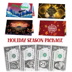 Vakantieseizoen 1,0 USD dollarbiljet Compleet cadeaupakket met wenskaarten. Halloween - Thanksgiving - Kerstmis - Nieuwjaar - Cadeaus