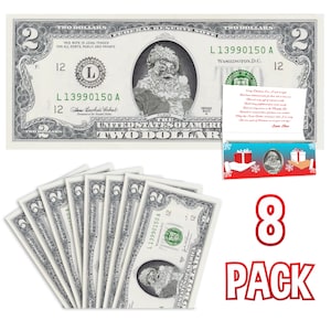 Weihnachtsmann-2,0-Dollar-Schein-Geschenkpaket mit Feiertagsgrußkarte. Erschwingliches Weihnachtsgeschenk. 8 Karten und 8 2,0-USD-Dollar-Scheine