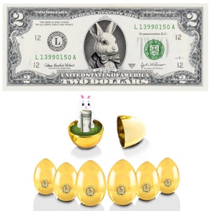 Nota de dólar oficial do coelho da Páscoa com ovos de ouro Valor 6 unidades V2 Real 2,0 USD x 6. Bancável e gastável. Enchedor/recheio de cesta de Páscoa.