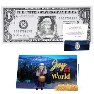 Drummer Boy Dollar Bill Perfect Stocking Stuffer Pacote completo de presente de Natal com cartão de felicitações de feriado. Presente de Natal acessível