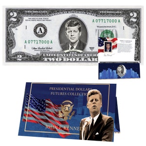 Offizieller 2,0-Dollar-Schein von John F. Kennedy mit Präsidentenwährungskarte. Presidential Futures Collection – ECHTER USD!