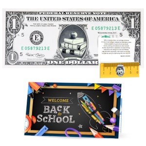 Carta Ritorno a Scuola e Dollaro Ufficiale. Reale 1,0 USD. Ogni banconota viene fornita con una tessera per il ritorno a scuola, un portavaluta e una poesia per il ritorno a scuola