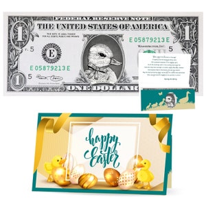 La banconota ufficiale del dollaro anatroccolo della primavera di Pasqua. Real 1.0 USD. Viene fornito con una carta di Pasqua e un portavalute. Cestino di Pasqua Stuffer / riempitivo