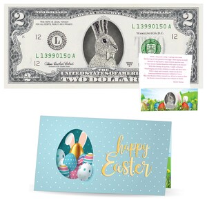 Der offizielle Osterhasen-Dollar-Schein. Echt 2,0 USD. Jeder Geldschein wird mit einer Osterkarte und einem Geldhalter geliefert. Osterkorb Füller