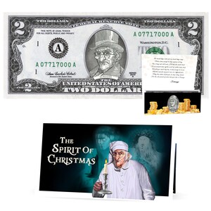 Dagobert-Dollar-Schein. Zwei-Dollar-Ausgabe. Perfekter Weihnachtsstrumpf. Komplettes Weihnachtsgeschenkpaket mit Weihnachtsgrußkarte. Geschenk