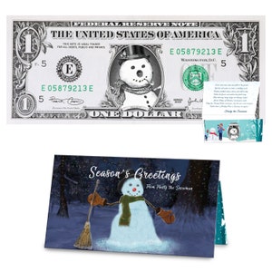 Frosty the Snowman Dollar Bill Stock Stuffer Komplettes Geschenk Weihnachtsgeschenkpaket mit Feiertags-Gruß-Karte. Erschwingliches Weihnachtsgeschenk