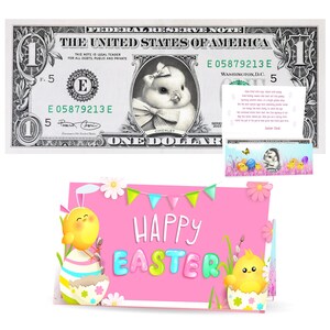 Der offizielle Oster-Küken-Dollar-Schein. Real 1.0 USD. Jeder Schein wird mit einer Osterkarte und einem Währungshalter geliefert. OsterkorbFüller/Füller