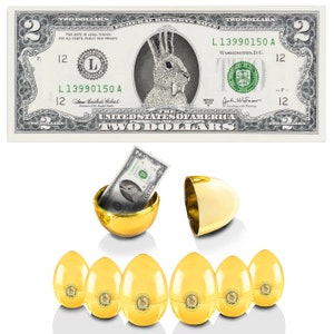 Lot de 6 billets officiels de lapin de Pâques avec des œufs dorés. Réel 2,0 USD x 6. Bancaire et dépensable. Farce/remplisseur de panier de Pâques.