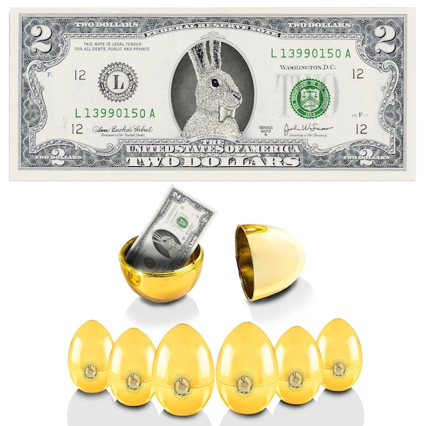 The Official Easter Bunny Dollar Bill with Golden Eggs Value 6 Pack. Real 2.0 USD x 6. Bankable & Spendable. Easter Basket Stuffer/Filler.