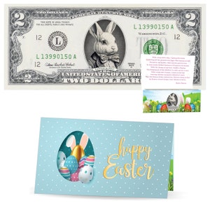Der offizielle Osterhase Dollar Schein. Real 2.0 USD. Jeder Schein wird mit einer Osterkarte und einem Währungshalter geliefert. OsterkorbFüller/Füller