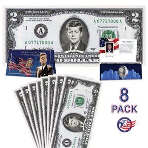 Offizieller 2,0-Dollar-Schein von John F. Kennedy im 8er-Pack mit Präsidenten-Währungskarte. Presidential Futures Collection – ECHTER USD!