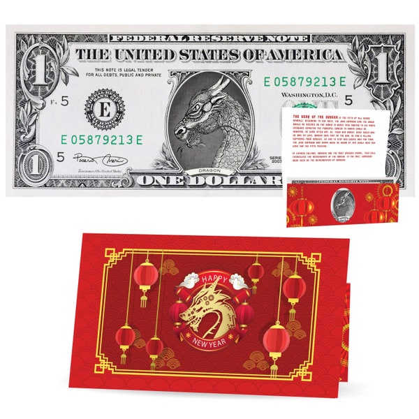 Official Chinese New Year Lucky Dollar: Real 1.0 USD. Bankable & Spendable. Year of the Dragon Lucky Red Packet and Envelope