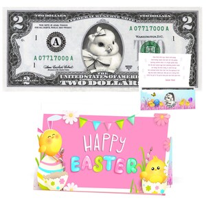 La banconota ufficiale da un dollaro di Easter Chick. Reale 2.0 USD V2. Viene fornito con una carta di Pasqua e un portavalute. Cestino di Pasqua Stuffer / riempitivo