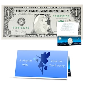 Cadeau fée des dents : billet d'un dollar officiel fée des dents. USD réels. Bancable et échangeable. Emballage cadeau complet comprenant une lettre de fée des dents