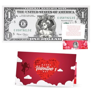 Biglietto di San Valentino e regalo ufficiale della banconota da un dollaro di Cupido. Real 1.0 USD con sigillo rimovibile. Bancabile e spendibile.