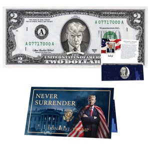 Donald Trump Mugshot offizieller 2,0 Dollarschein mit Präsidentschaftswährungskarte. Präsidenten-Futures-Sammlung - ECHT USD!