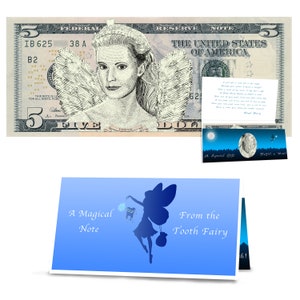 Tooth Fairy Gift • 5.0 Dollar Bill - Realistic Portrait withTooth Fairy Letter/Card. REAL USD. The Complete Tooth Fairy Visit Gift