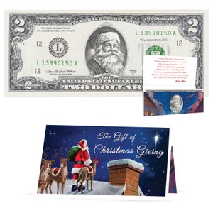 Nota oficial do Papai Noel 2.0. Bochechas rosadas vermelhas. Dólares americanos reais. Bancável e gastável. Presente perfeito para meias. Pacote de presente com carta do Papai Noel