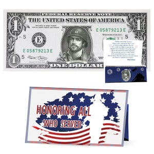 Veterans Day Dollar Bill Real 1,0 USD Offizielle Währungskarte – Ehre die Truppen. Kommt mit Veteranentagskarte, Währungshalter und Gedicht