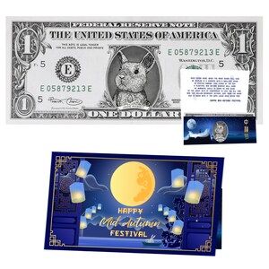 Dólar oficial da sorte do Mid Autumn Festival: Genuíno 1,0 USD. Bancável e gastável. Cartão e Dólar da Sorte do Coelho de Jade do Festival da Lua