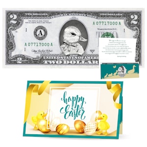 Le billet officiel d’un dollar pour canetons du printemps de Pâques. Réel 2,0 USD. Livré avec une carte de Pâques et un porte-monnaie. Remplisseur / remplisseur de panier de Pâques
