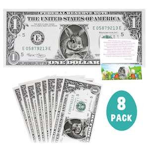 Lot de 8 billets de banque officiels en forme de lapin de Pâques V2. Réel 1,0 dollar américain. Chaque billet est livré avec une carte de Pâques. Rembourrage/remplissage de panier de Pâques