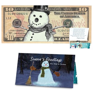 Frosty the Snowman 10,0 Dollar Bill Stocking Stuffer Komplettes Weihnachtsgeschenk Paket mit Urlaubsgrußkarte. Erschwingliches Weihnachtsgeschenk