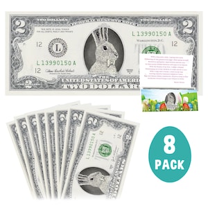 Confezione da 8 banconote ufficiali del coniglietto pasquale. Veri dollari da 2,0 USD. Ogni banconota è accompagnata da un biglietto di auguri pasquale. Riempitivo/ripieno per cestini pasquali