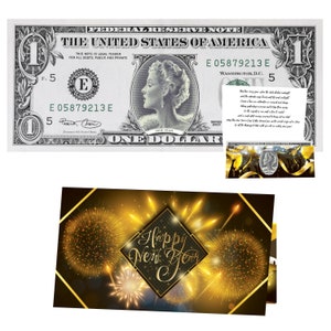 Billet d'un dollar de bonne année : 1,0 USD réel. Bancable et échangeable. Carte de voeux et dollar porte-bonheur du nouvel an. Message de bonne année.