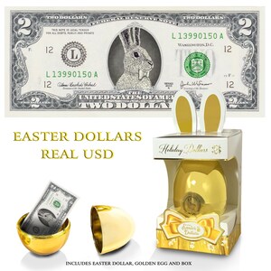 Billete oficial de dólar del Conejo de Pascua V1 con huevo dorado y caja de regalo. 2.0 USD reales. Bancable y gastable. Ideal para canastas de Pascua.