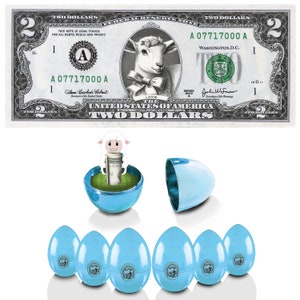 El billete oficial del dólar del cordero de Pascua con huevo azul metálico. 2,0 dólares reales. Paquete de valor 6. Bancable y gastable. Relleno/relleno de cesta de Pascua.