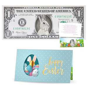 Der offizielle Osterhase Dollar Schein. Real 1.0 USD. Jeder Schein wird mit einer Osterkarte und einem Währungshalter geliefert. OsterkorbFüller/Füller