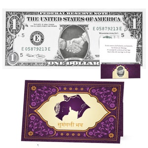 Cérémonie officielle de mariage hindou Dollar Bill. Real 1.0 USD Inclus. Carte hindoue Un dollar good fortune Shagun pour les mariages. Rituel Hastmelap