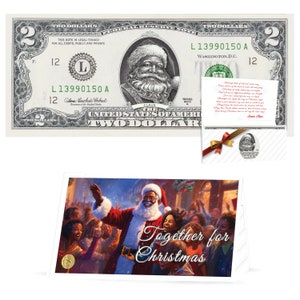公式サンタクロース 2.0 紙幣。本物の米ドル。多民族のアフリカ系アメリカ人サンタ。クリスマスプレゼントにぴったり。サンタからの手紙。お手頃価格のギフト