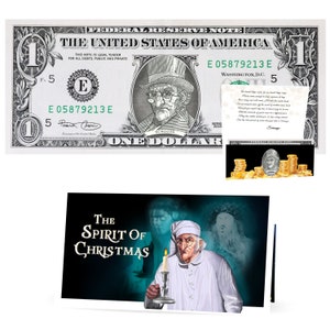 Scrooge Dollar Bill Perfect Stocking Stuffer Complete Gift Christmas Gift Package with Holiday Greeting Card. Affordable Christmas Gift