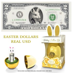 Billete oficial de dólar del Conejo de Pascua con huevo dorado y caja de regalo V3. 2.0 USD reales. Bancable y gastable. Ideal para canastas de Pascua.