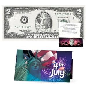 Estátua da Liberdade, 4 de julho, Dia da Independência, nota de dólar. Genuíno 2,0 USD! Vem com cartão de titular de moeda de 4 de julho