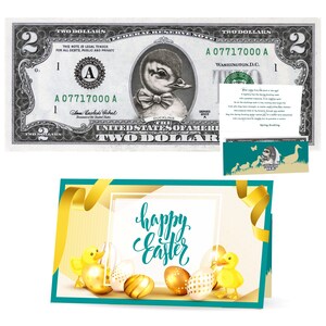 Le billet officiel du Dollar du caneton du printemps de Pâques V2. Réel 2,0 USD. Livré avec une carte de Pâques et un porte-monnaie. Remplisseur / remplisseur de panier de Pâques