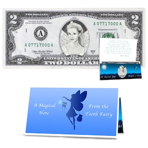 Cadeau fée des dents : billet officiel Fée des dents de 2,0 dollars - réaliste. USD réels. Bancable et échangeable. Emballage cadeau avec lettre de fée des dents