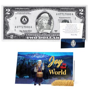 Nota de dólar do menino baterista. Edição de dois dólares. Perfect Stocking Stuffer Presente completo Pacote de presente de Natal com presente de cartão de feriado