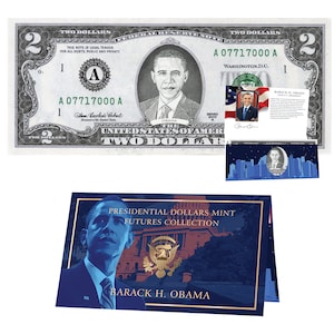 Barack Obama Dollar 2,0 USD Bill mit offizieller Währungskarte – ECHTER USD!