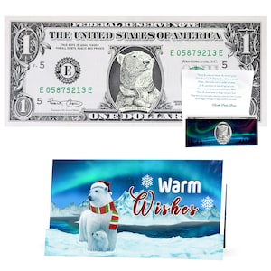 North Polar Bear Dollar Bill Perfect Stocking Stuffer Komplettes Geschenk-Weihnachtsgeschenkpaket mit Feiertagsgrußkarte. Weihnachtsgeschenk