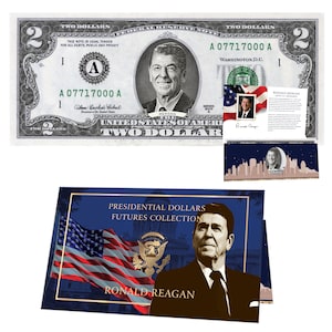 Ronald Reagan Official 2.0 Dollar Bill w/ Presidential Currency Card. Presidential Futures Collection - REAL USD!