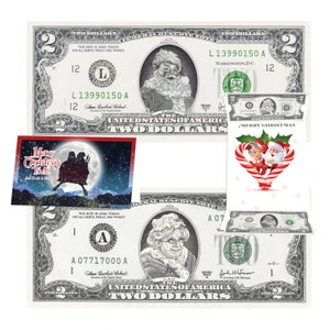 Mr and Mrs Claus 2.0 Dollar Bill Perfect Stocking Stuffer Komplettes Geschenk Weihnachtsgeschenkpaket mit Weihnachtsgrußkarte