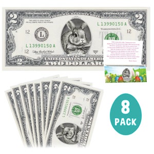 Confezione da 8 banconote ufficiali del coniglietto pasquale. Veri dollari da 2,0 USD. Ogni banconota è accompagnata da un biglietto di auguri pasquale. Riempitivo/ripieno per cestini pasquali